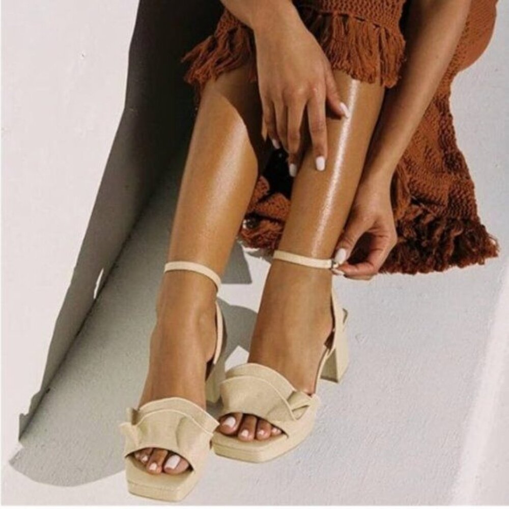Pazzion Khaki Platform Square Toe Pleated Ruffle Sandals Chunky High Heels Shoes
